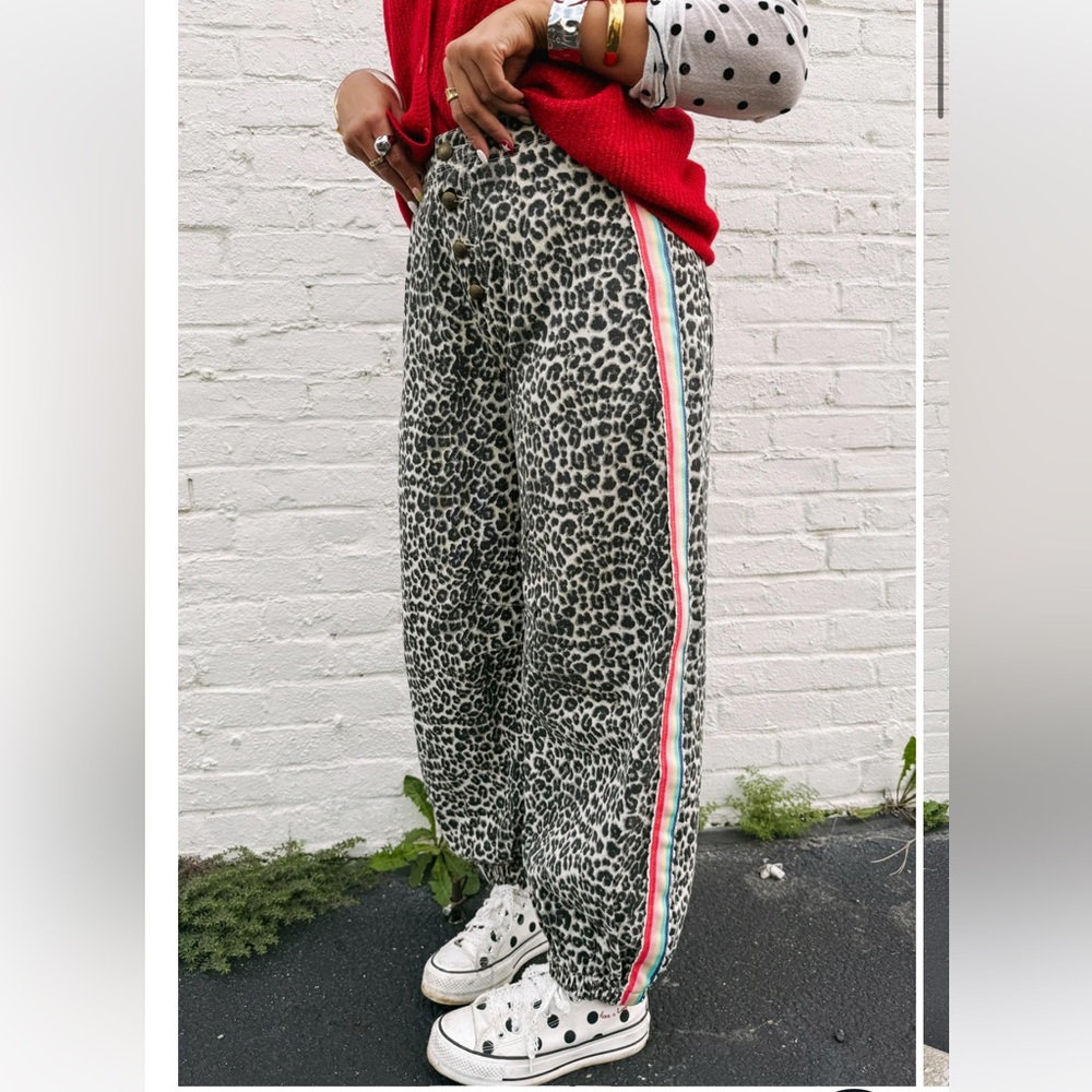 Leopard Print Pants with Rainbow Stripes Down The Side